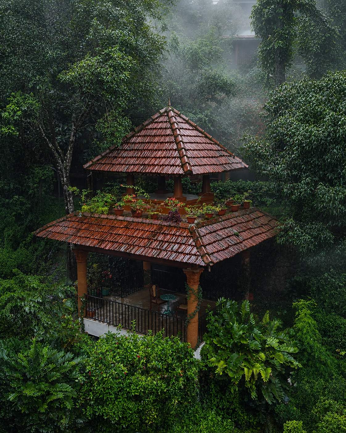 Wellness pavilion nestled in misty forest at Xandari Resorts